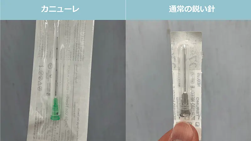 「カニューレ針」と、鋭利な「鋭針」