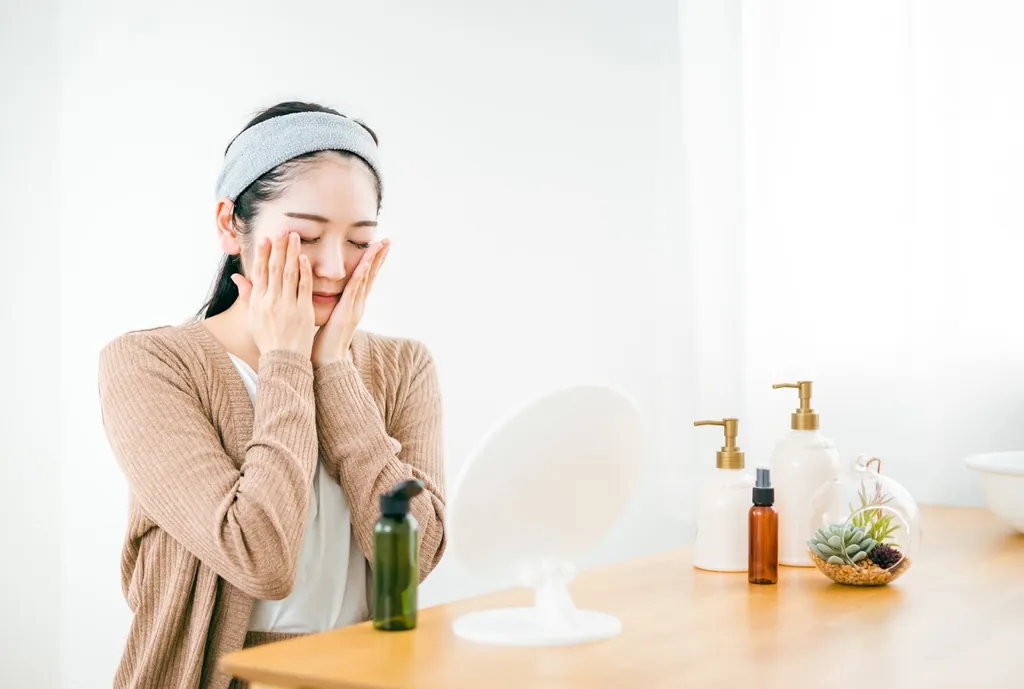 鏡の前で頬に手を当てる女性