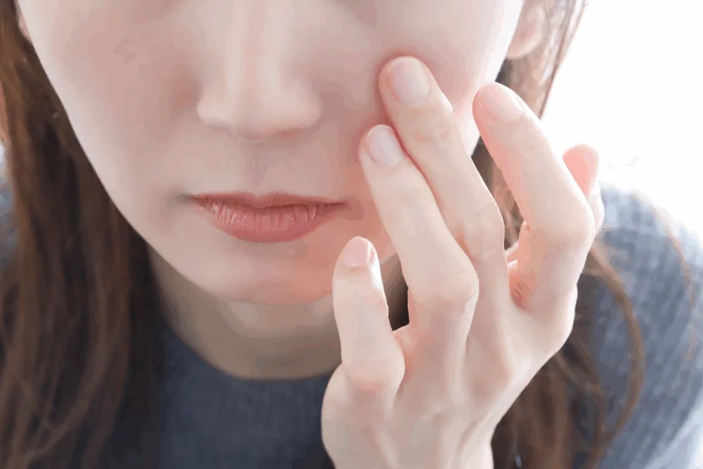 頬に指を当てて下を向く女性